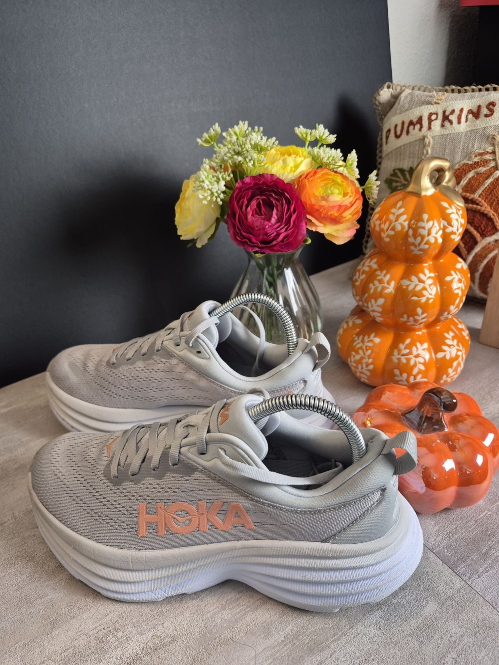 Hoka Women's Light Gray Running Shoes with Coral Logo Accents. Size 7.5B